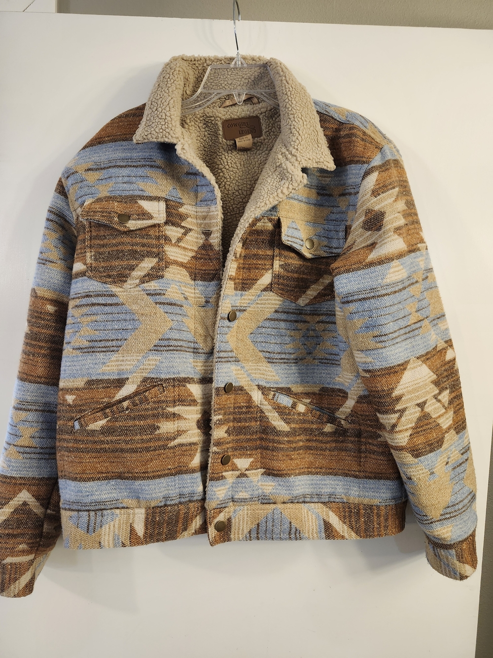 Womens Patterned Sherpa-Lined Jacket - Blue & Brown